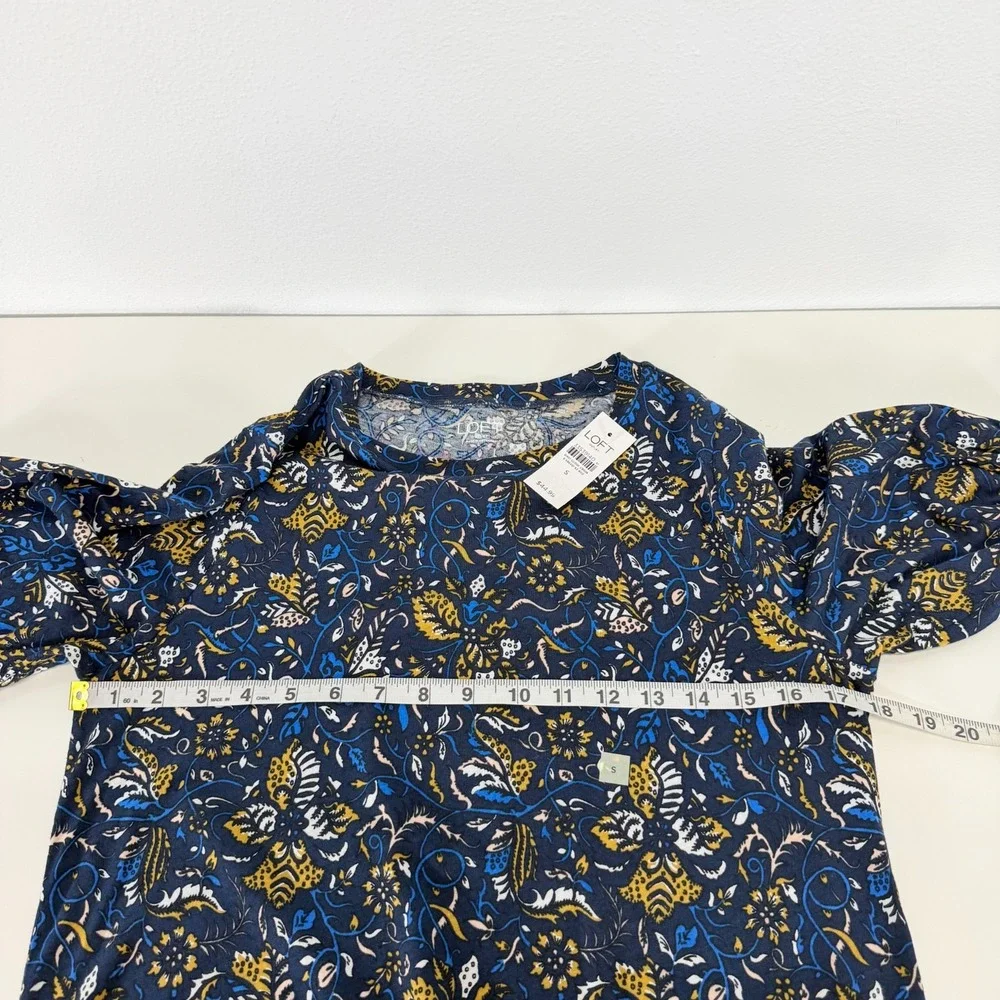 Loft NWT Floral Paisley Puff Ruffle Sleeve 100% Cotton Top Navy Blue Size Small